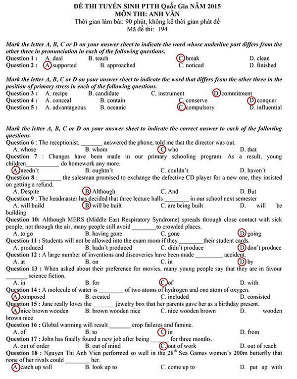 Gợi ý giải đề thi THPT Quốc gia môn Anh Văn năm 2015 Gợi ý giải đề thi THPT Quốc gia môn Anh Văn năm 2015
