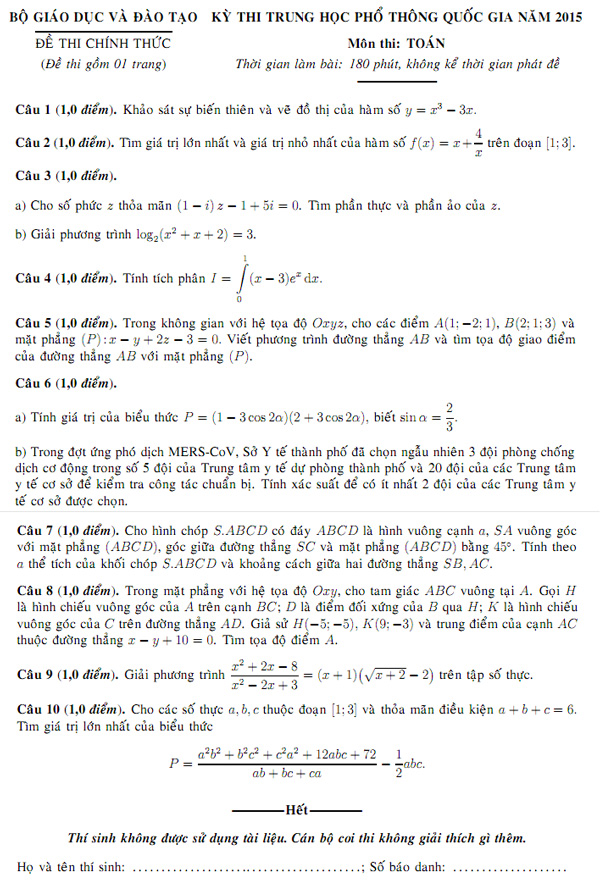 Môn Toán - Đề thi và đáp án chính thức Môn Toán - Đề thi và đáp án chính thức