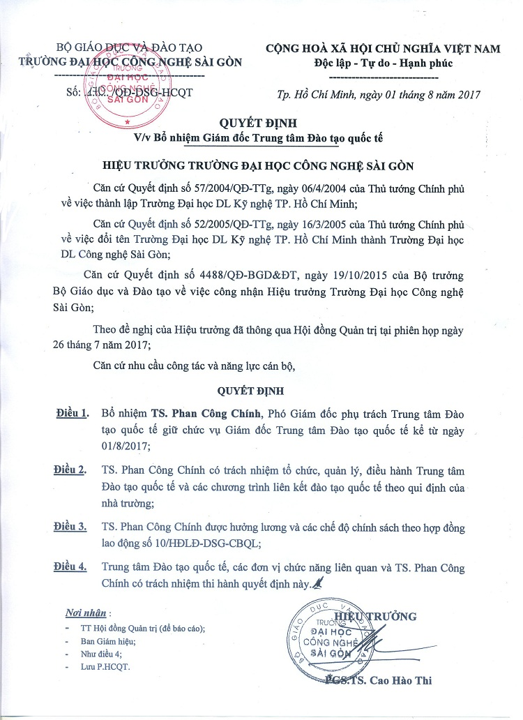 Quyết định bổ nhiệm Giám đốc Trung tâm Đào tạo Quốc tế ITPC - ĐH Công nghệ Sài Gòn Quyết định bổ nhiệm Giám đốc Trung tâm Đào tạo Quốc tế ITPC - ĐH Công nghệ Sài Gòn