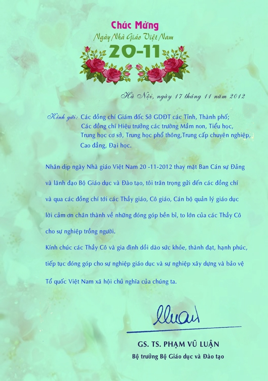 Thiệp chúc mừng ngày 20/11 của Bộ trưởng Bộ Giáo dục & Đào tạo và Hiệp hội các trường đại học, cao đẳng ngoài công lập Thiệp chúc mừng ngày 20/11 của Bộ trưởng Bộ Giáo dục & Đào tạo và Hiệp hội các trường đại học, cao đẳng ngoài công lập