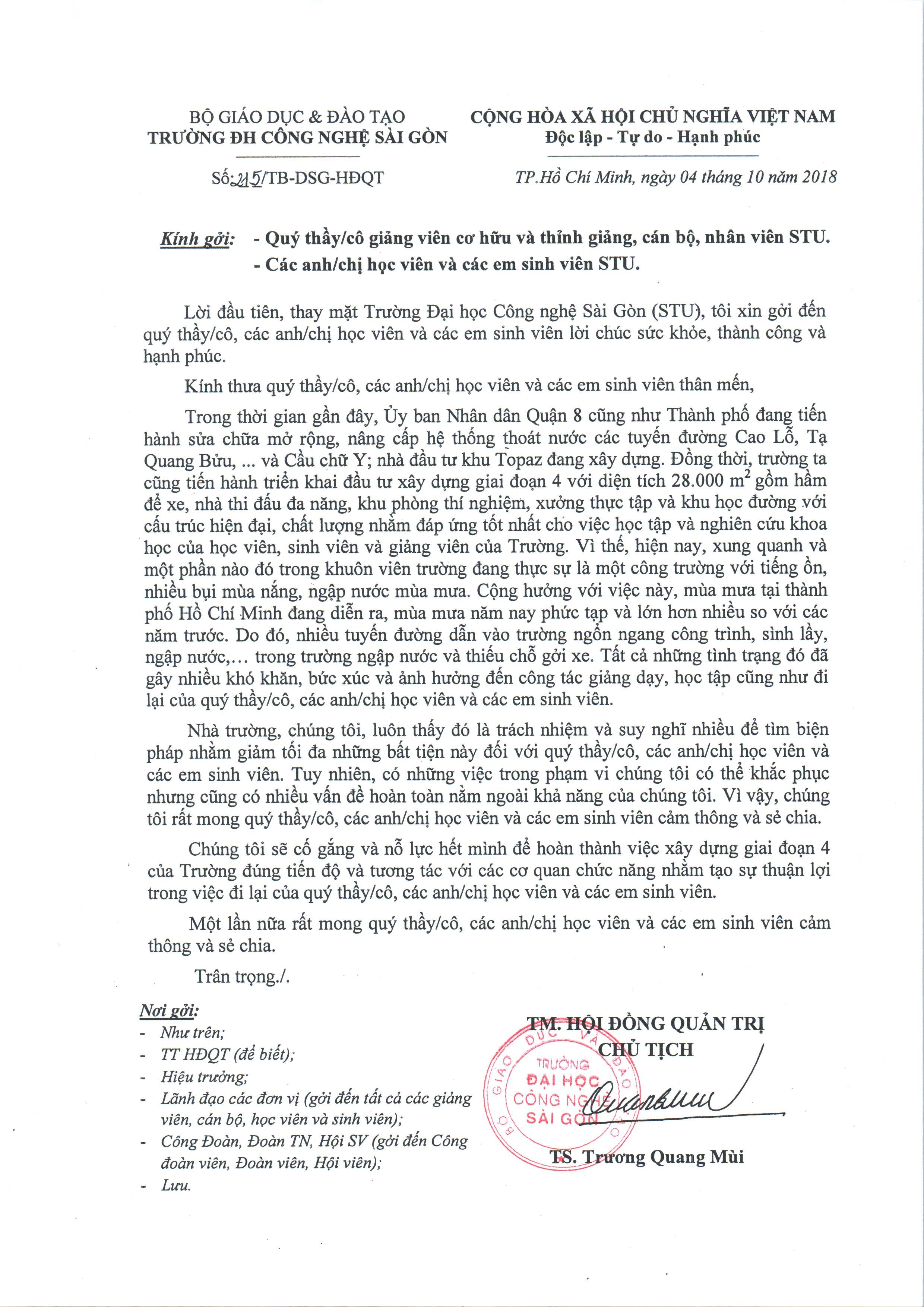 Thư của chủ tịch HĐQT STU gửi đến quý thầy cô, học viên và sinh viên. Thư của chủ tịch HĐQT STU gửi đến quý thầy cô, học viên và sinh viên.