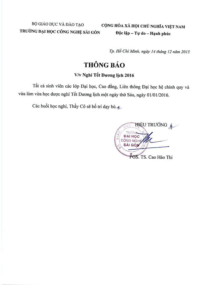 Thông báo v/v nghỉ Tết Dương lịch 2016 và nghỉ học vào Tết Nguyên đán Bính Thân Thông báo v/v nghỉ Tết Dương lịch 2016 và nghỉ học vào Tết Nguyên đán Bính Thân