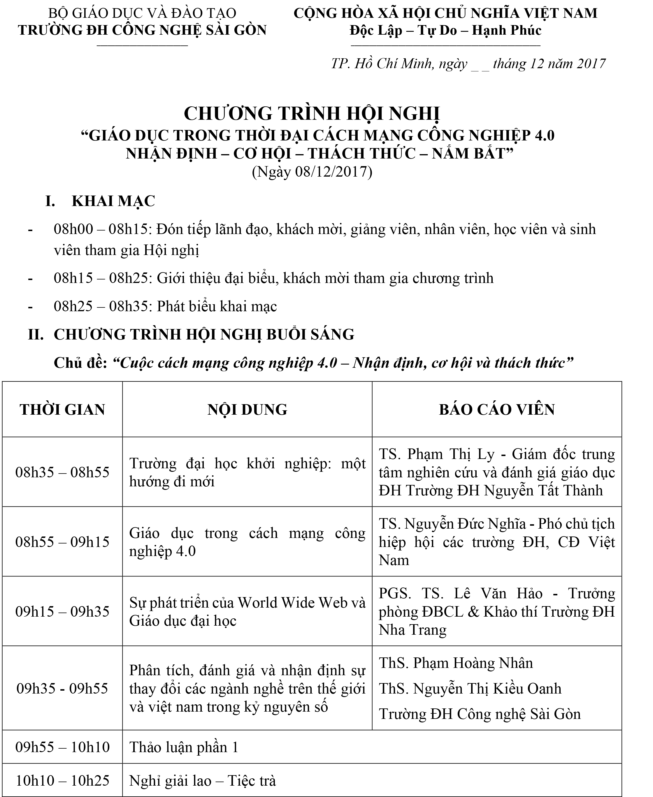 Chương trình Hội nghị Chương trình Hội nghị