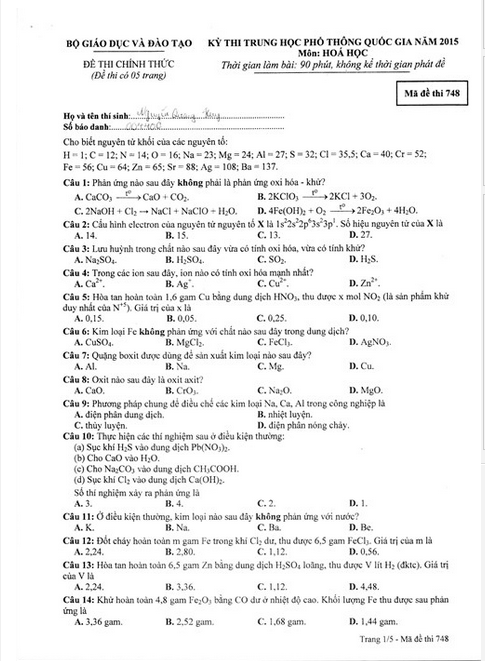 Môn Hóa học - Đề thi và đáp án chính thức