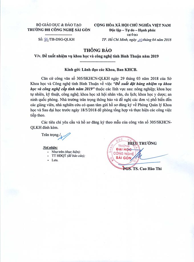 Thông báo đề xuất nhiệm vụ khoa học và công nghệ tỉnh Bình Thuận năm 2019